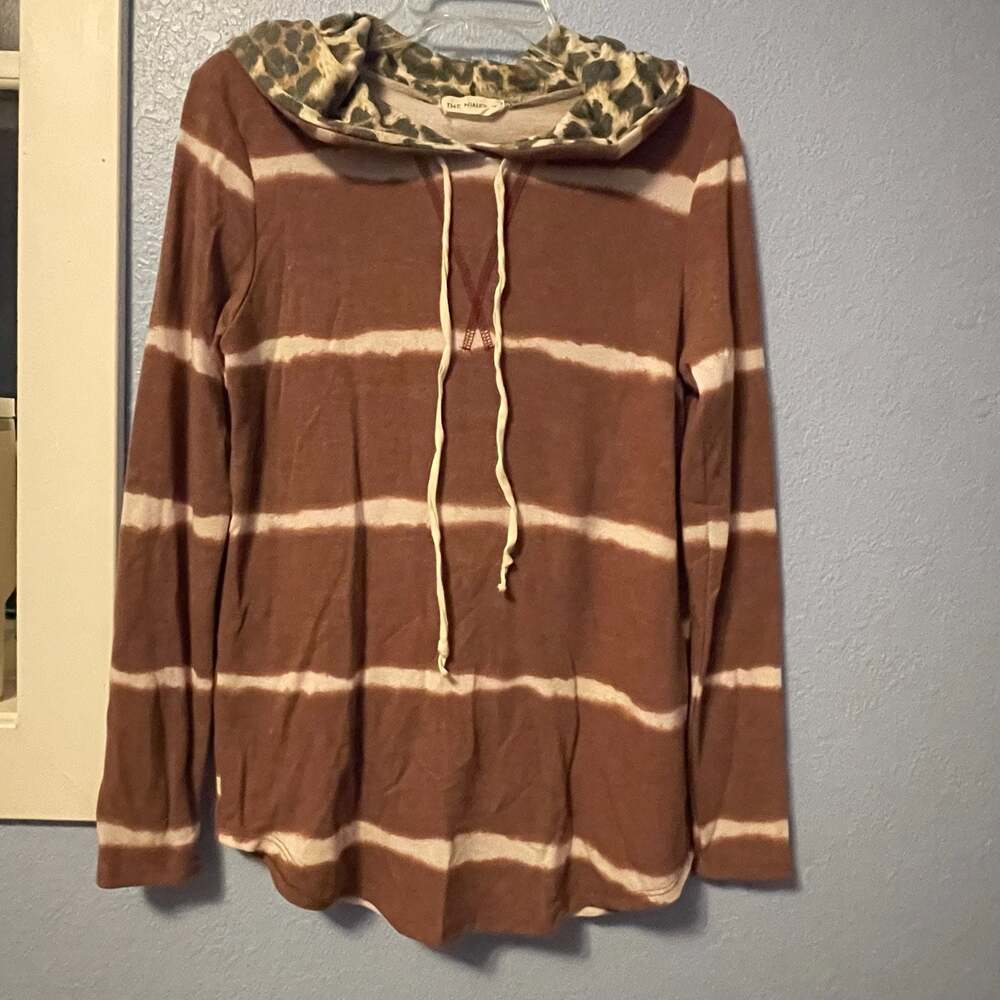 The Nines Brown Striped Hoodie with Leopard Print Hood Size S